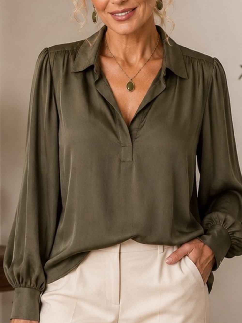 NY Collection Olive Green V-Neck Long Sleeve Blouse